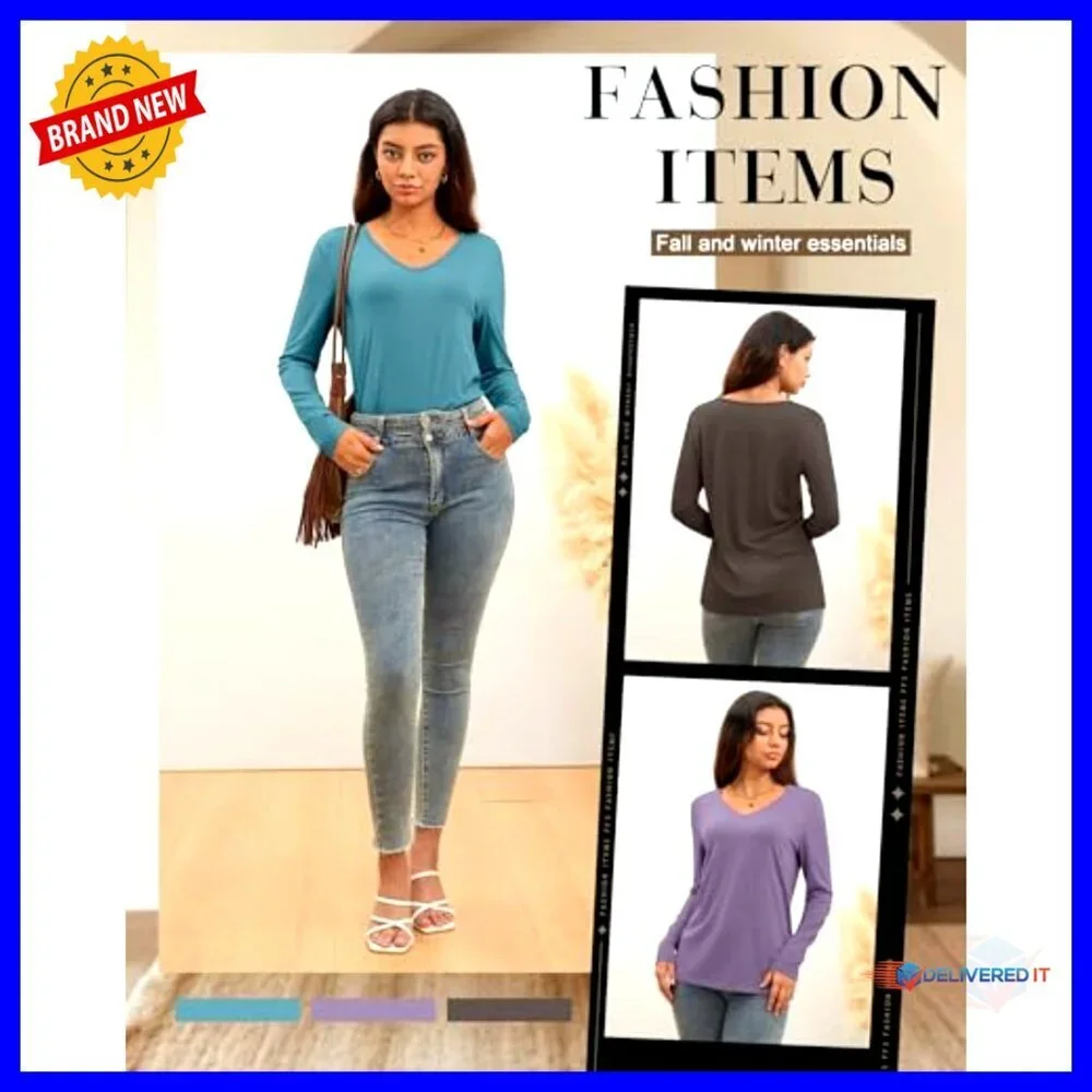 3 Pack Long Sleeve V-Neck T-Shirts, Loose Fit Casual Tops, Soft Polyester Blend - Picture 6 of 7